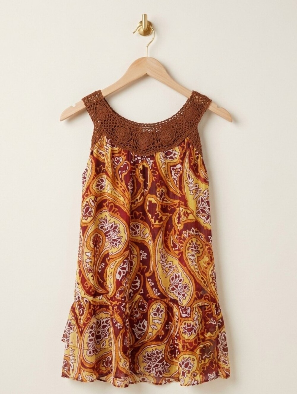 Bohemian Vintage Crochet Neckline Top Small